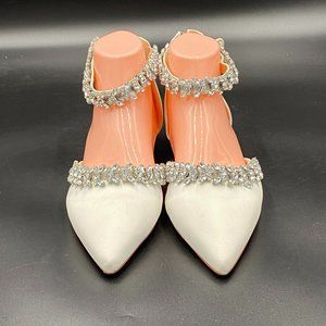 White rhinestone pointy toe low heels flats loafers ankle strap dress shoes